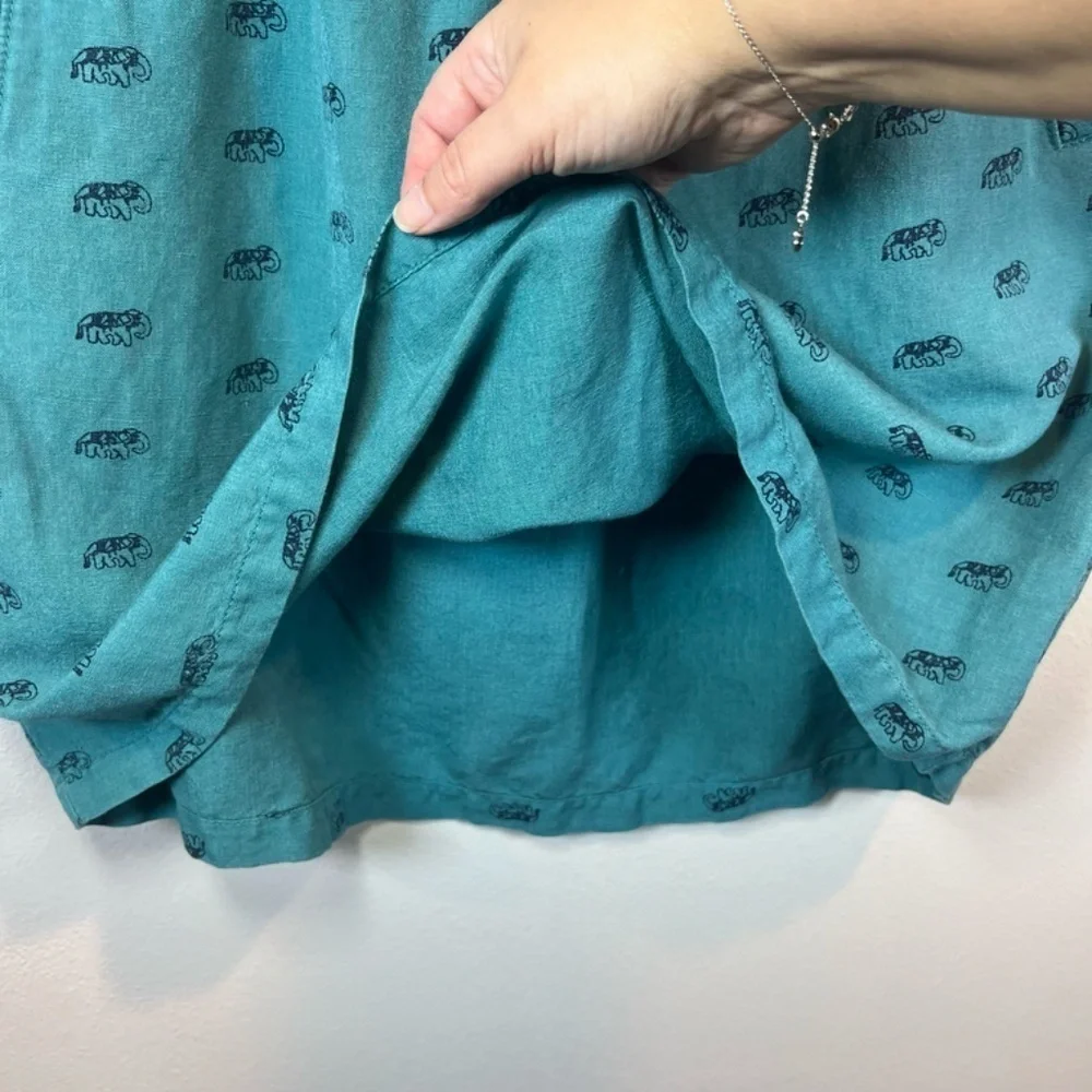 Loft Outlet Linen Blend Mini Skirt Teal Elephant Print Pockets Womens Size Large